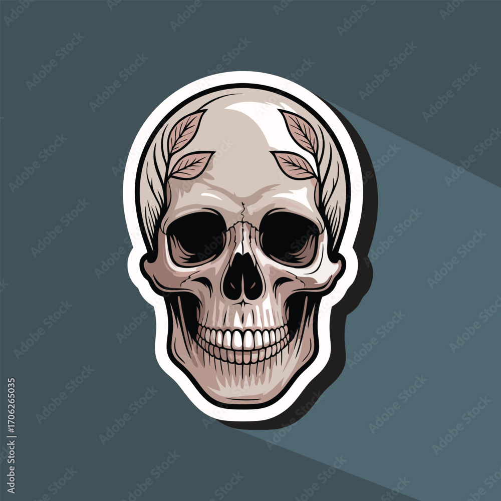 Obraz premium Floral leaf Skull Cartoon – Vector Illustration with Decorative Elements.