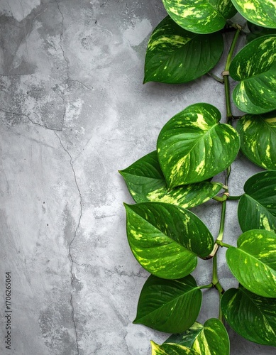 Vibrant green leaves cascade down a textured gray surface