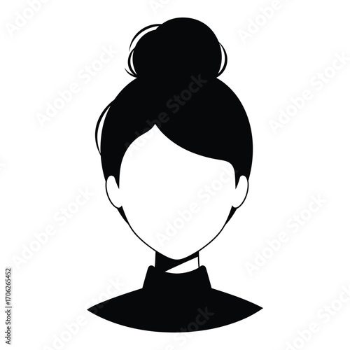 Stylized black and white portrait of a woman's head with a high bun hairstyle silhouette