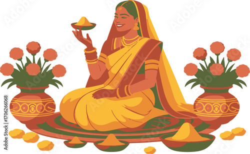 Woman in Traditional Indian Attire Celebrating Lakshmi Puja