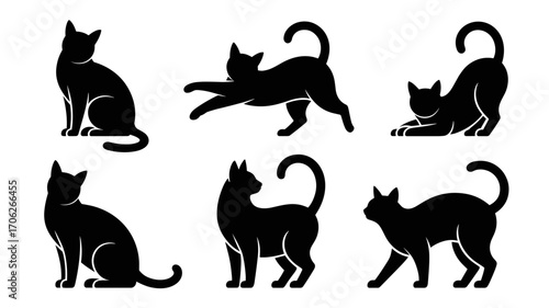 Set of black silhouette icons of cats in various poses, including sitting, stretching, walking, and playing. Ideal for pet-related projects, animal lovers, and minimalist illustrations.
