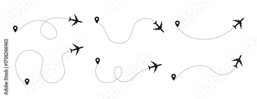 Set of Airplane routes dotted line tracing. Path travel line shapes.The route from starting point to the destination. Plane paths, Aircraft tracking, planes, travel, map pins, location pins. Vector