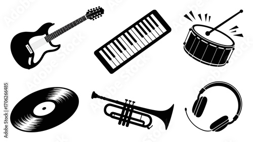 Set of black silhouette icons of musical instruments and audio equipment, including electric guitar, keyboard, snare drum, vinyl record, trumpet, and headphones. Perfect for music, concert, band, and 