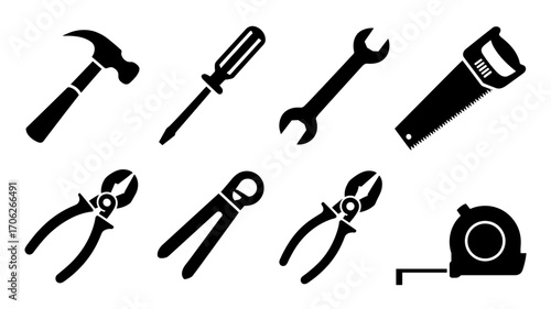 Set of black silhouette icons of various hand tools including hammer, screwdriver, wrench, saw, pliers, wire cutter, and tape measure. Ideal for construction, repair, DIY, and hardware-related project
