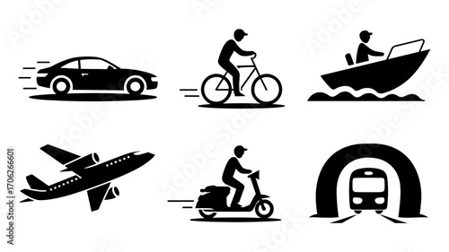 Set of black silhouette icons showing people using different types of transportation: car, bicycle, boat, airplane, scooter, and train. All include motion lines to indicate movement.
