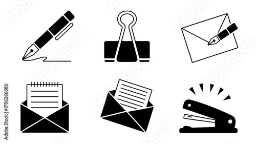 Stationery icons vector set in black silhouette style including pen, binder clip, envelope, notepad, letter and stapler
