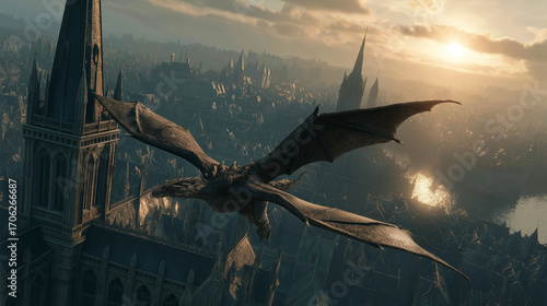 Majestic dragon flying over medieval city, glowing scales reflecting sunset, epic cinematic fantasy scene
