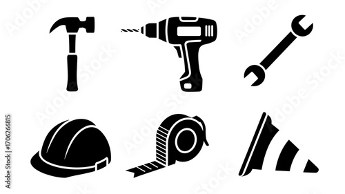 Construction tools icons vector set in black silhouette style including hammer, drill, wrench, helmet, tape measure and cone
