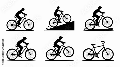 Cycling icons vector set in black silhouette style with cyclists riding, climbing, jumping and standing with bicycle
