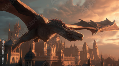 Majestic dragon flying over medieval city, glowing scales reflecting sunset, epic cinematic fantasy scene