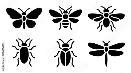 Insect icons vector set in black silhouette style including butterfly, bee, beetle and dragonfly for nature designs
