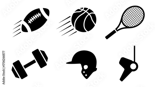Sport icons vector set in black silhouette style with football, basketball, tennis racket, dumbbell, helmet and whistle
