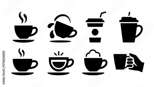 Coffee icons vector set in black silhouette style with cups, mugs, takeaway drinks, steam and foam details
