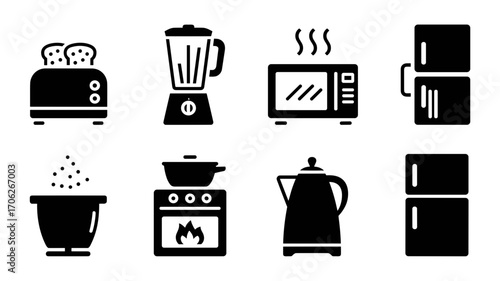 Kitchen appliance icons vector set of toaster, blender, microwave, stove, kettle, refrigerator and cooking pot in black silhouette
