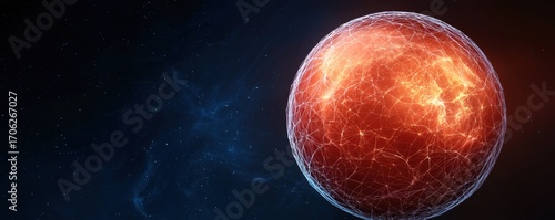 A glowing red planet connected by a network of lines against a dark, starry background, evoking a sense of cosmic wonder and futuristic technology.