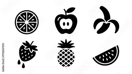 Set of fruit icons in black silhouette style including apple, orange, banana, strawberry, pineapple and watermelon
