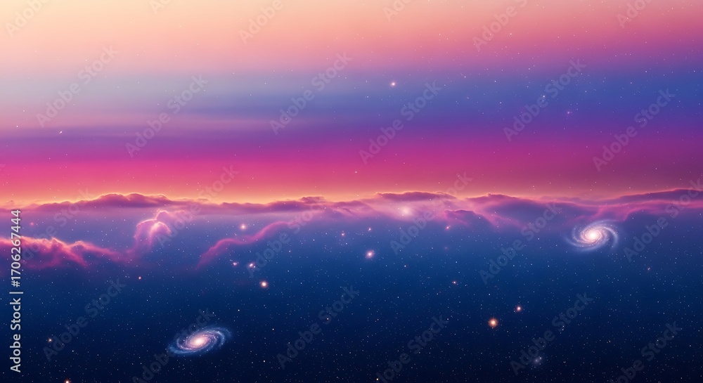 Fototapeta premium Dreamy celestial landscape with glowing galaxies and colorful clouds at sunset