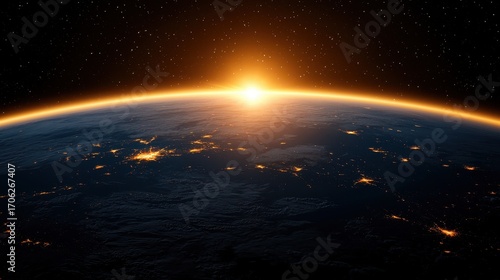A breathtaking view of Earth from space at sunrise, showcasing vibrant colors and city lights against a backdrop of stars.