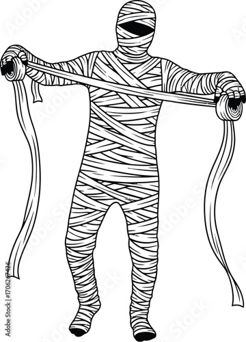 Cartoon mummy unwrapping bandages in a black and white line drawing style