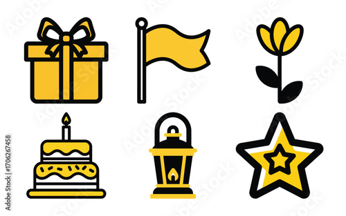 Collection of yellow and black icons including a gift box, flag, flower, cake, lantern, and star, isolated on white background