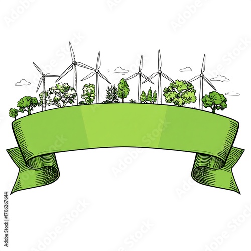 Eco-friendly banner with wind turbines and trees