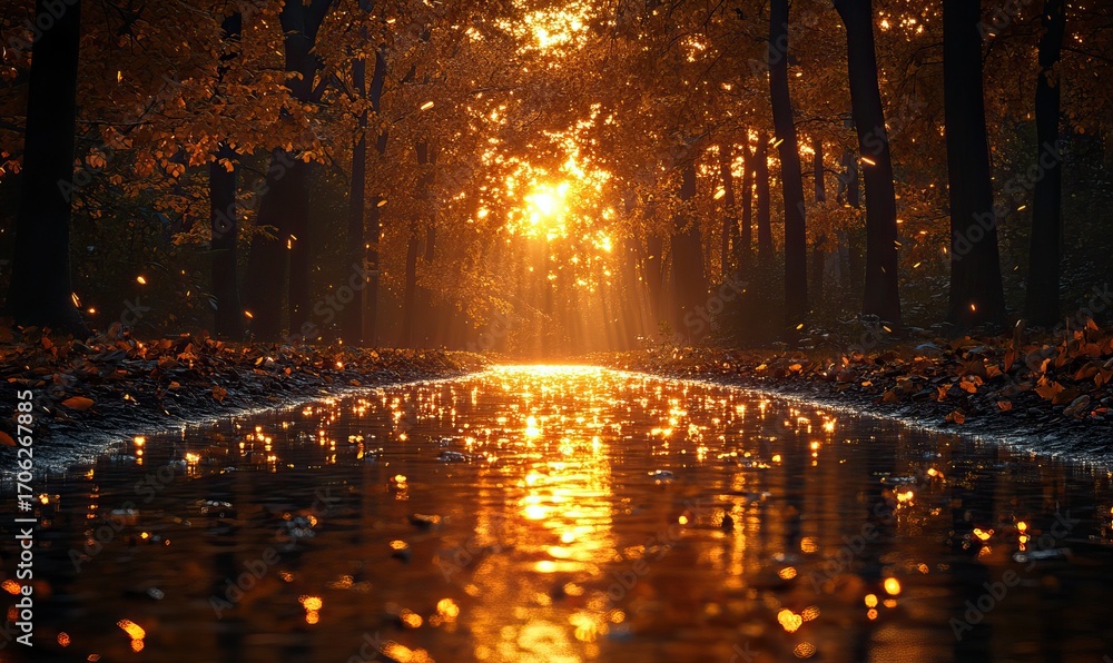 Obraz premium Golden Sunlight Reflections on Puddle After Rain in Autumn Forest Scenery