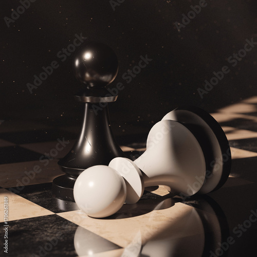 Black Pawn Standing Over Fallen White Pawn on Chessboard