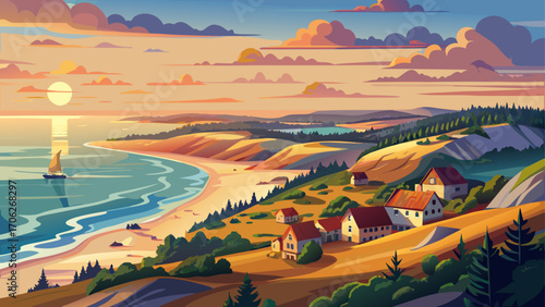 Curonian Spit, Lithuania/Russia, a sweeping sand dune peninsula lined with pine forests, fishing villages, and shimmering Baltic waters beneath a painterly sunset sky.
