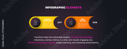 Modern infographics vector template. Cyclic infographic with two circles. Timeline design template with 2 options, steps, and parts. Flat illustration for business.