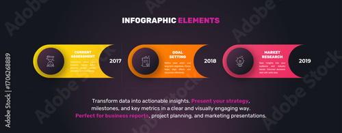 Modern infographics vector template. Cyclic infographic with three circles. Timeline design template with 3 options, steps, and parts. Flat illustration for business.