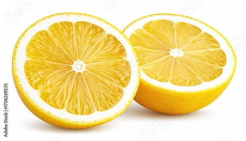 Two halves of a lemon, sliced.  Bright yellow fruit halves,  with visible segments and pith