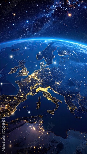 European continent at night, seen from space, with glowing city lights and connecting lines