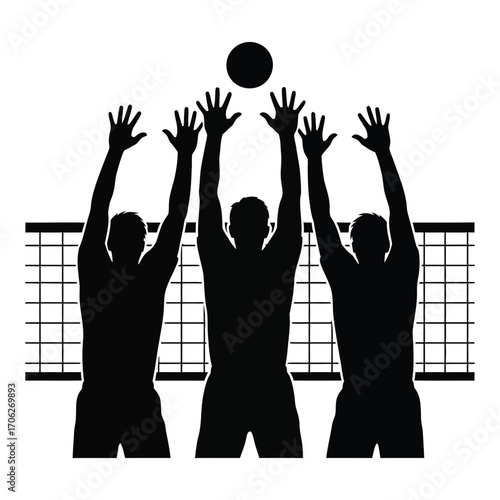Silhouetted volleyball players jumping to spike the ball over the net during a match silhouette