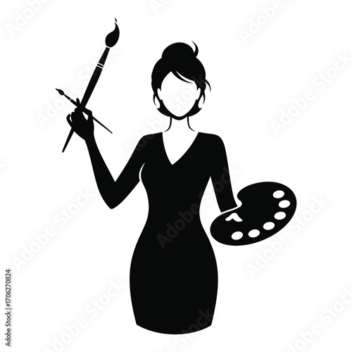Artist silhouette holding paintbrush and palette ready to create masterpiece silhouette