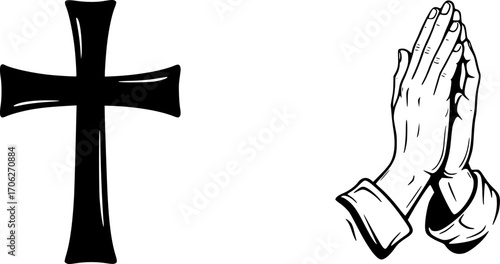 Christian cross hands faith religious symbol silhouette vector illustration