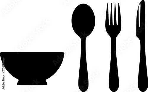 Hot food bowl spoon fork restaurant kitchenware silhouette vector illustration