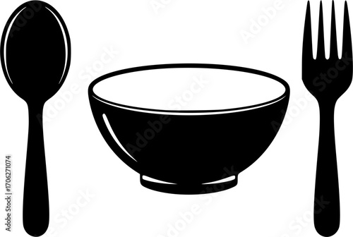 Hot food bowl spoon fork restaurant kitchenware silhouette vector illustration