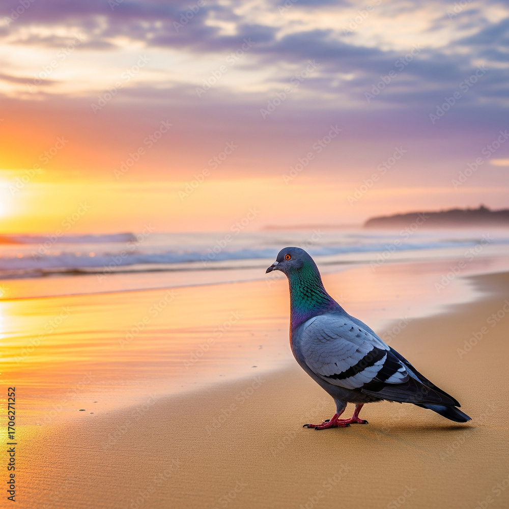 Fototapeta premium seagull on the beach. bird on the beach. Pigeon on golden beach at sunrise. golden hour beach photography.