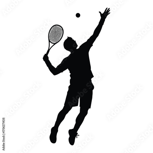 Silhouette of tennis player serving a ball in mid-air dynamic action shot silhouette