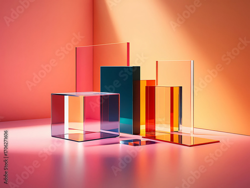 Geometric abstract shapes made of glass and acrylic in warm lighting