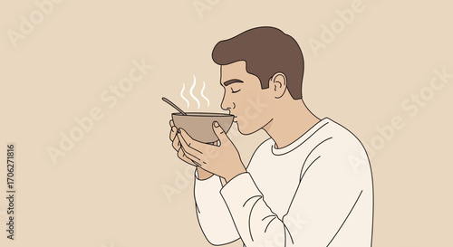 Man Enjoying a Bowl of Hot Soup, Aromatically Savoring the Delicious Meal