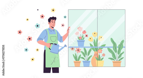Man Enjoying Blooming Flowers Watering Them in a Conservatory Garden in Joyful Delight