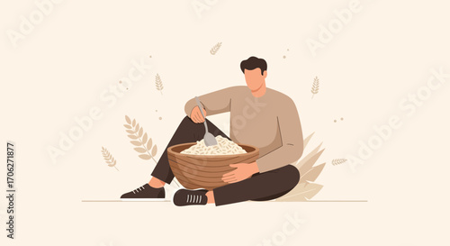 Man Enjoying Bowl Of Healthy Meal And Peaceful Moment In Modern Illustration