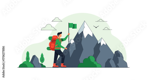 Mountaineer Reaching Summit Holding A Flag, Depicting Achievement, Success, And Exploration