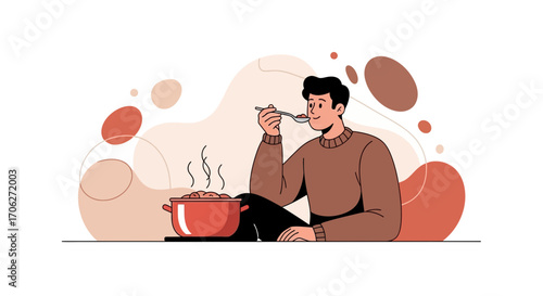 Man Enjoying Hot Meal From A Cooking Pot, Illustration On White Background