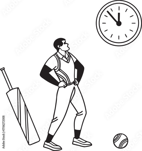 Cricketer Ready to Bat with Ball and Clock in Minimalist Style