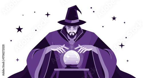 Mystical Seer In Majestic Robes Gazing Into Enchanted Crystal Sphere For Answers