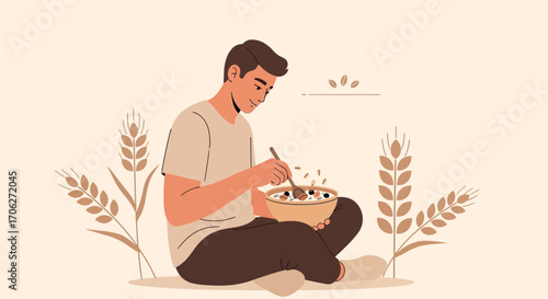 Man Enjoying Morning Cereal Surrounded By Grain, Peaceful Breakfast Moment In Illustration
