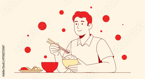 Man Enjoying Meal, Smiling, Using Chopsticks, Eating Rice And Food, Animated Style