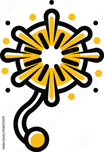 A stylized yellow sparkler with a black outline and a curved handle, isolated on a transparent background
